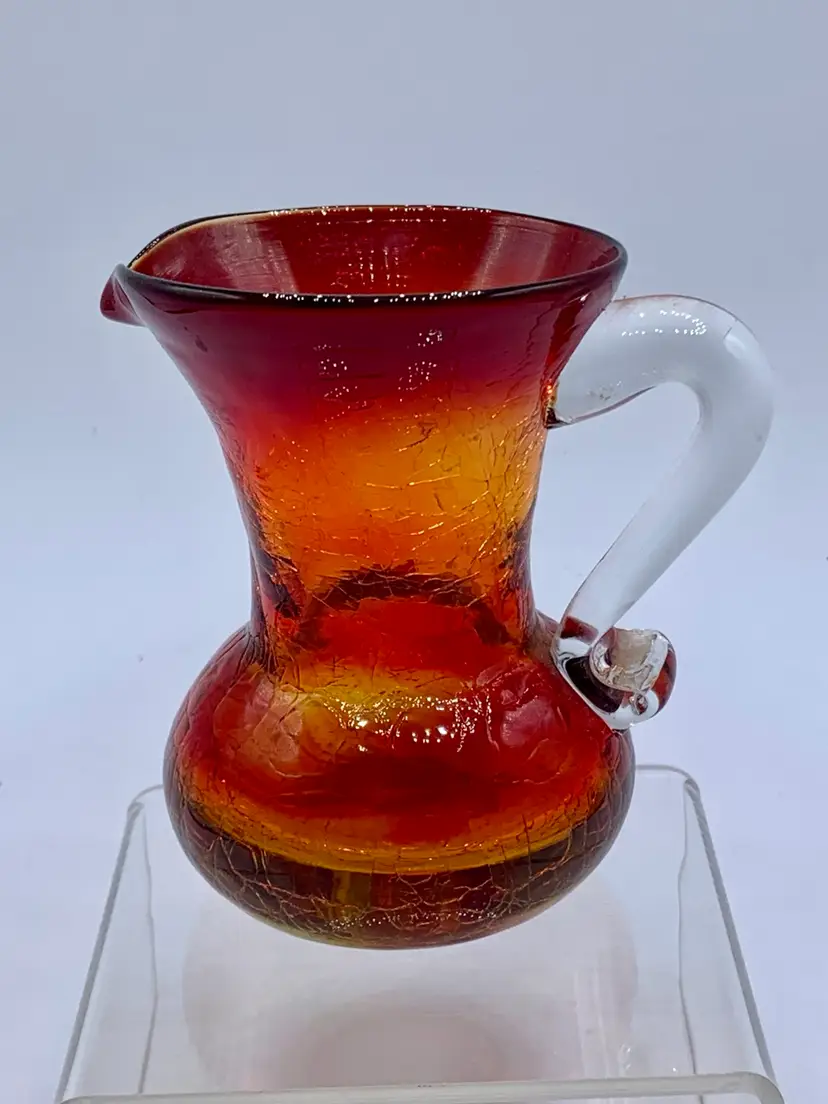 Kanawha Crackle Glass Pitcher. Amberina UV Reactive. 3.5” Tall