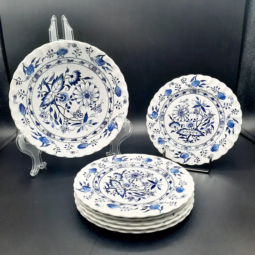 Vintage Blue Lily Blue Onion 4423 Staffordshire England Ironstone Plates and Serving Bowl