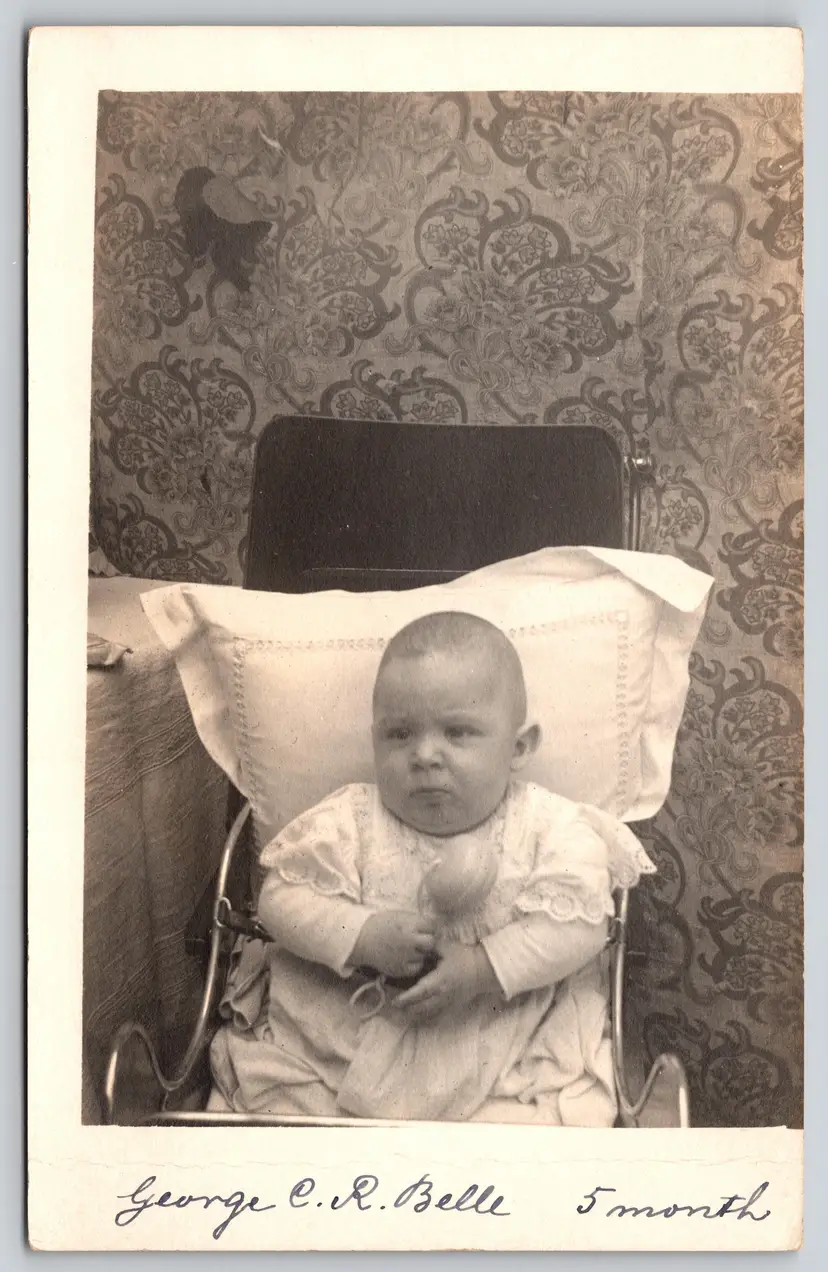 Postcard RPPC Baby in Pram with Raddle Real Photo Children George CR Belle 5 Months Old Baby Carriage - 9245