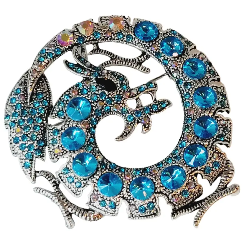 Dragon Blue Elegant Chinese Lucky Rhinestones Bling Sparkle Brooch Pin