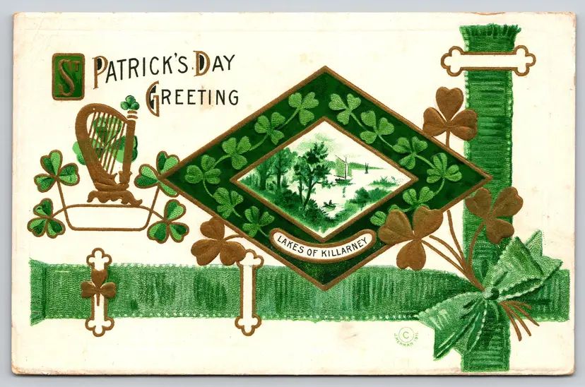 Postcard Lakes of Killarney St Patrick's Day Greeting Embossed c1912 J Herman - 15303