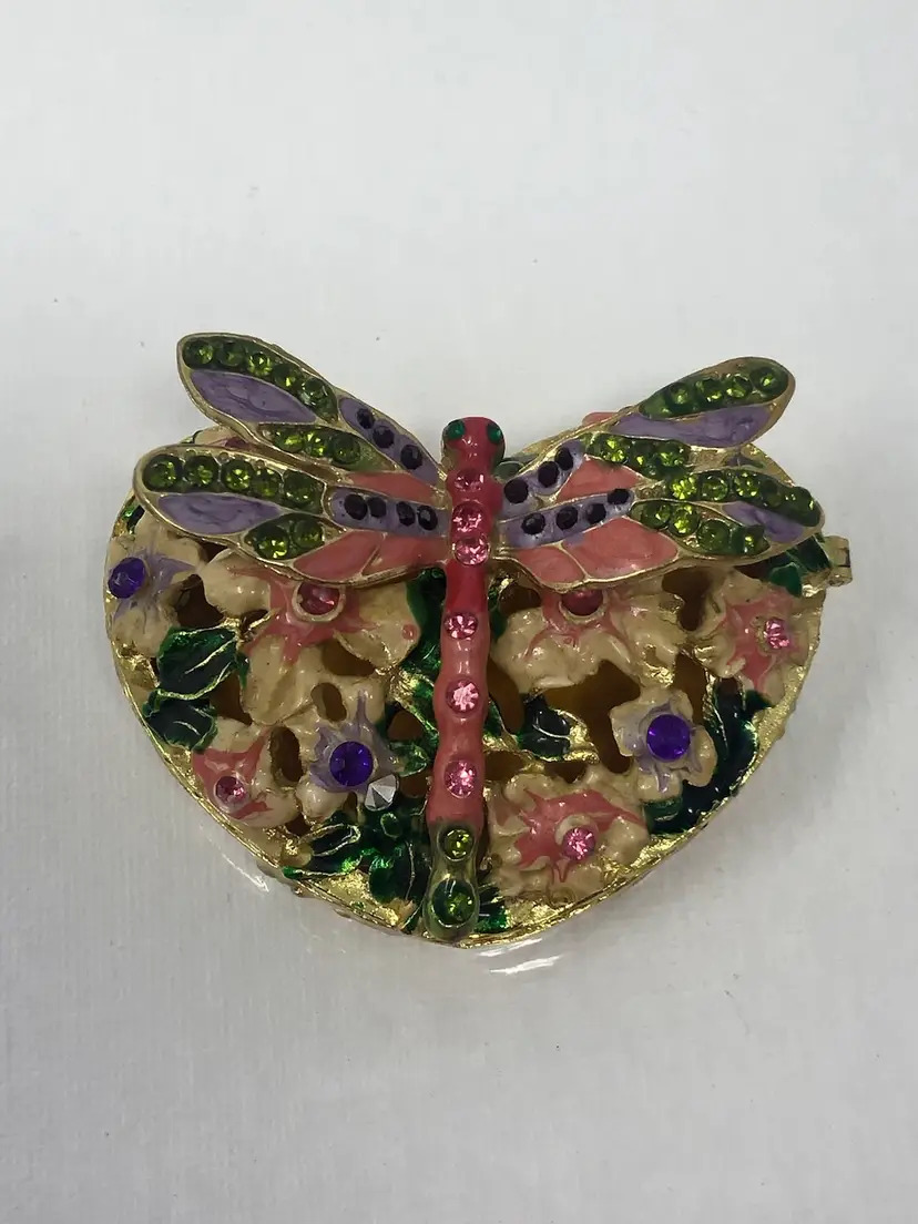 Dragonfly Enamel Hinged Heart Trinket Box