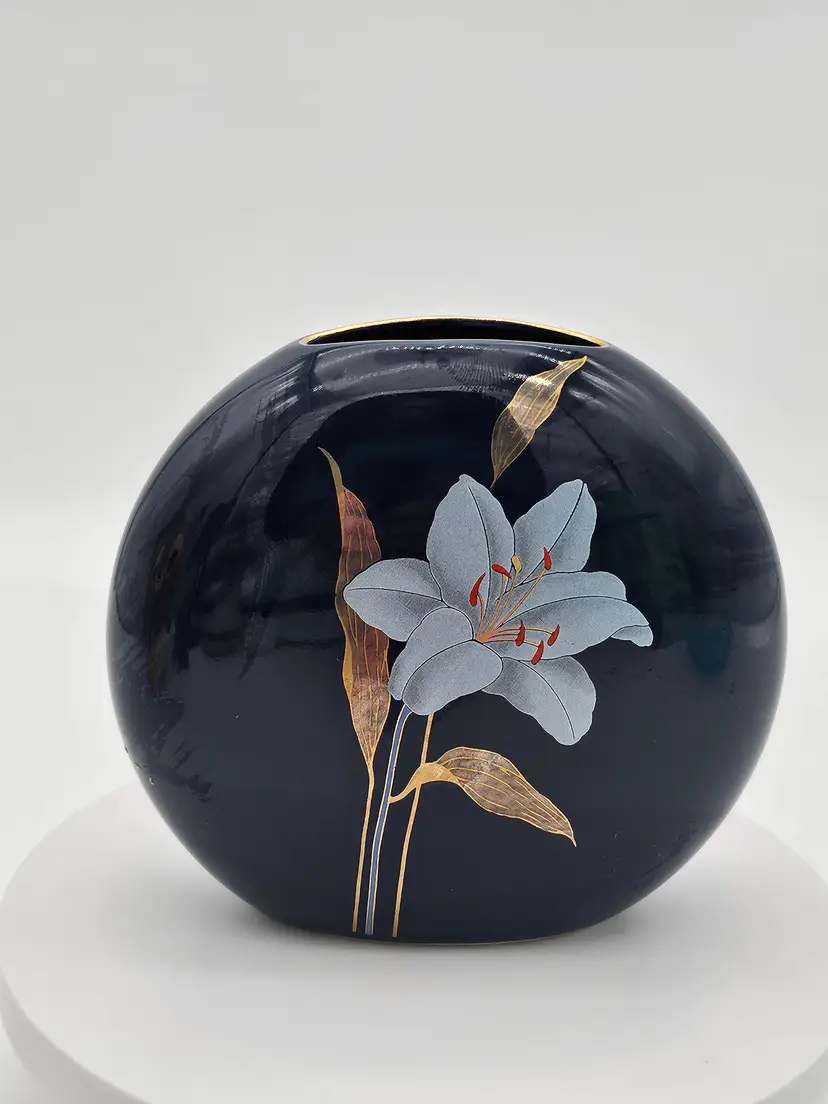 Otagiri Enamel On Ceramic Vase Cobalt Blue Hand Painted Lily Flower