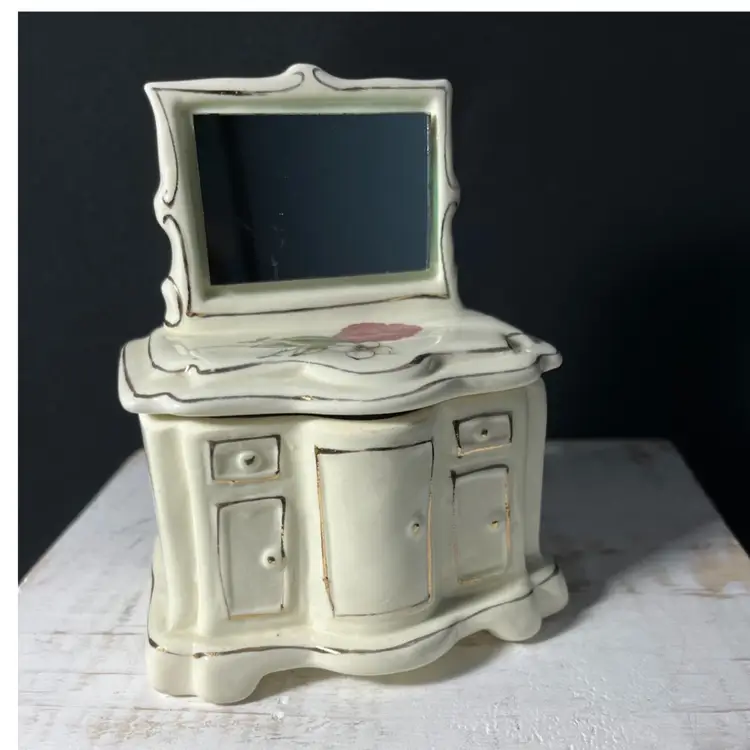 VTG Victorian Style Ceramic Vanity Trinket Box W/mirror- Ivory Colored W/Single Red Rose