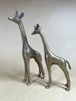 Solid Heavy Brass Spotted Giraffes Animal with Tails Patina African Safari Table Shelf Decor