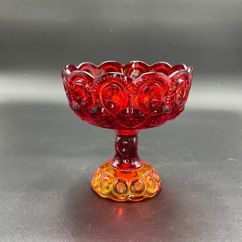 L.E. Smith Moon & Stars Ruby Amberina Red Pedestal Compote Glows