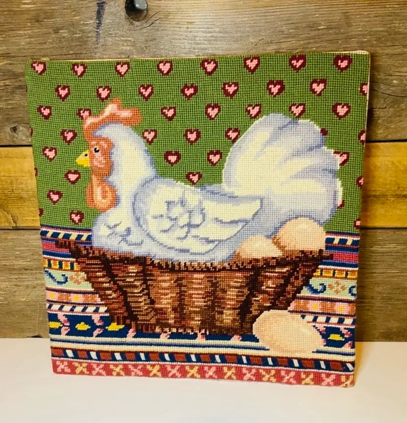 Elsa Williams Completed Needlepoint Hen on Nest Wall Hanging Vintage Farmhouse Cottage Country Americana
