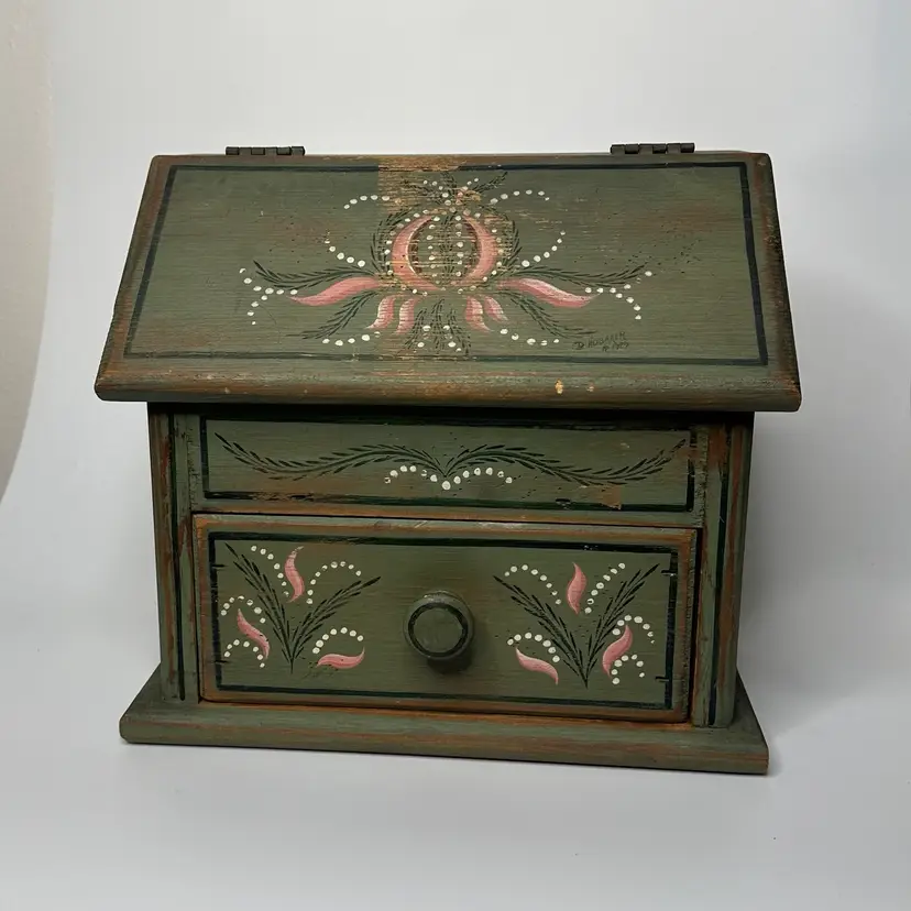 Wooden Hand Painted Jewelry Or Recipe Box With Drawer Signed By Artist 1929!!