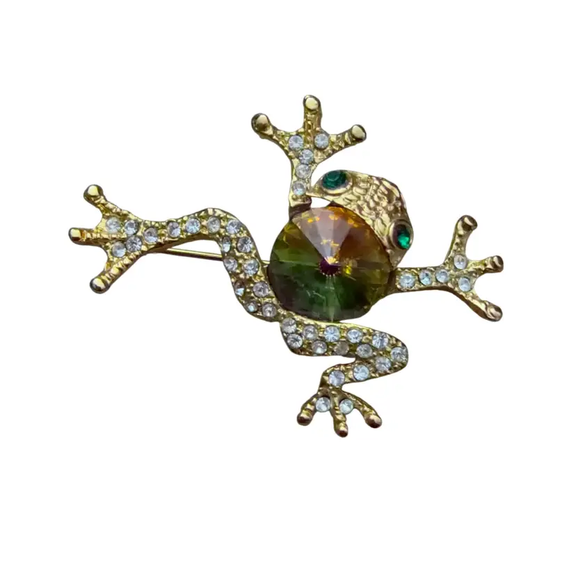 Vintage Gold Tone Watermelon Rivoli Rhinestone Frog Pin Brooch