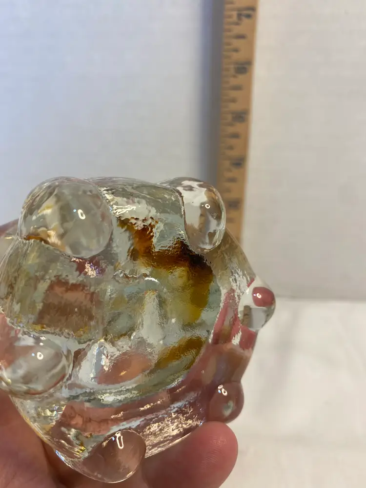 Hand Blown Studio Art Glass Snail Paperweight Crystal Clear With Amber Ribbon