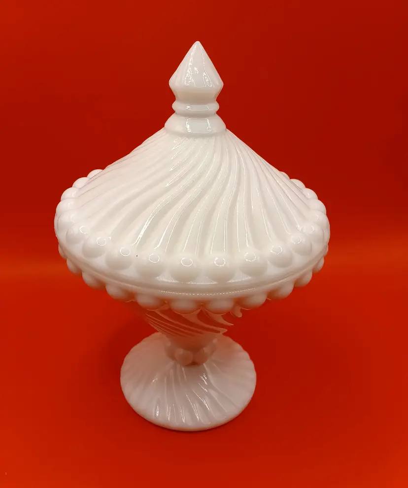 Vintage Westmoreland White Milk Glass "Swirl and Ball" Lidded Candy Fish