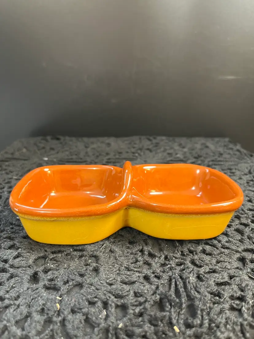 #01 Pier One Pottery Divided Condiment Dish-w/ Raised Handle between Compartments