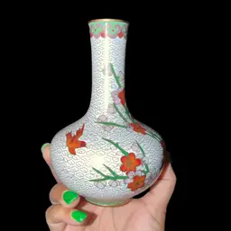 Vintage Brass Cloisonne Vase: Enameled Cherry Blossom Bird Decor