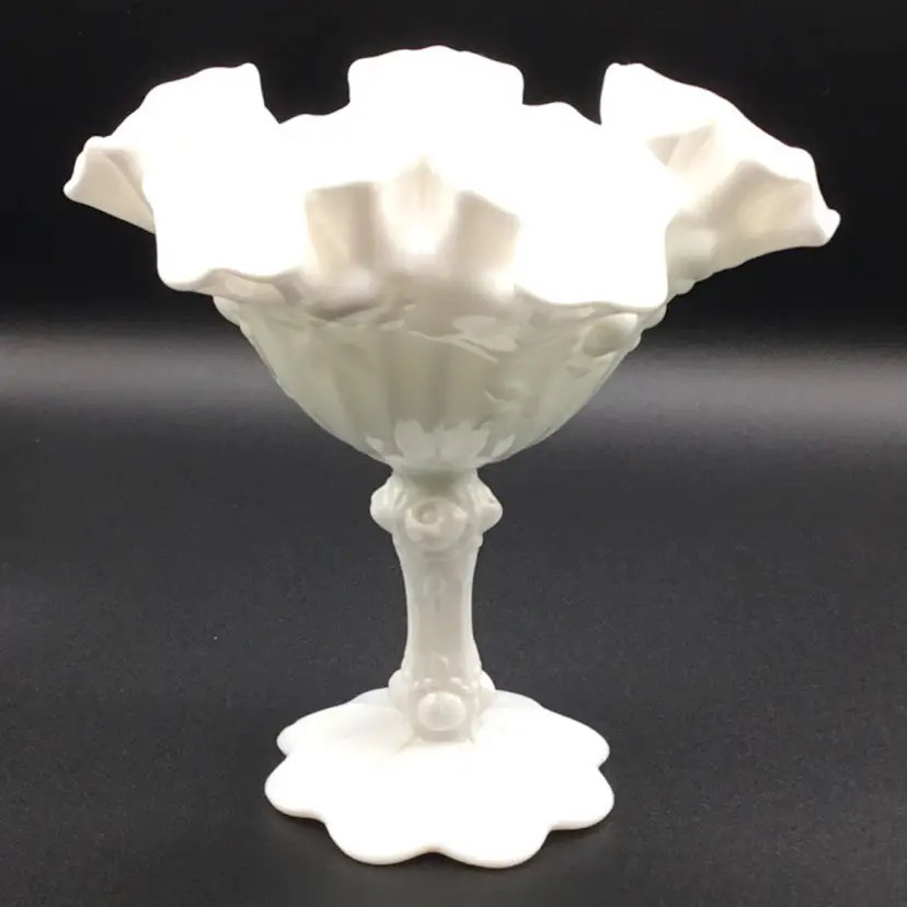 Fenton White Milk Glass Cabbage Rose Compote. 6.25”Hx6”D