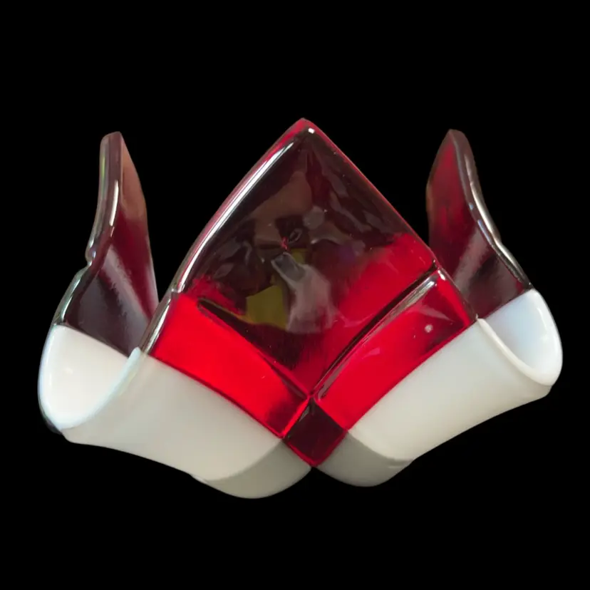 Fused Glass Handkerchief Dish Red Grey And White