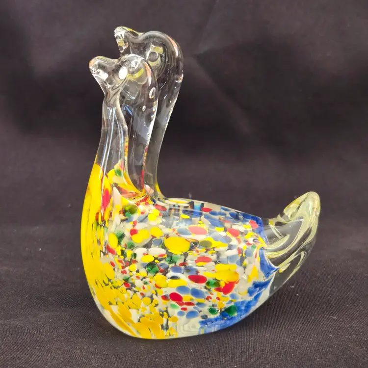 Art Glass Paperweight Goose Gosling Multicolor Spatter 3⅞” Tall × 3⅛" Long Unbranded