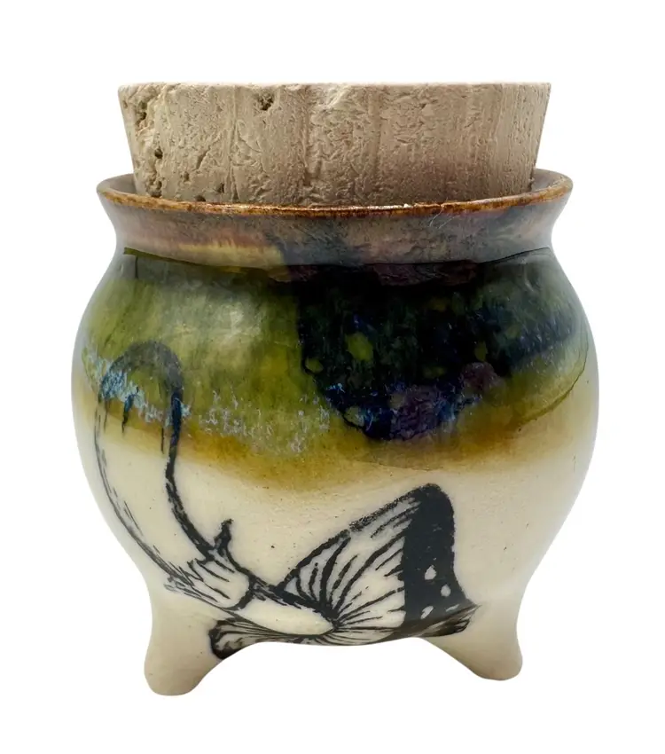 BlueGill Ceramic Studio Art Pottery Calderon Trinket Jar Box Cork Mushroom 2.25”
