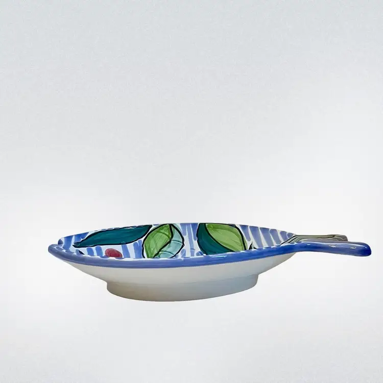 Italian Art Pottery Fish Shaped Bowl Hand Painted Blue Stripes & White Flower Italy 
10-3/4” L x 7” W x 1-3/4” T