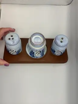 Salt And Pepper Set With Votive Candle Holder On Wood Tray 8.5”x4”