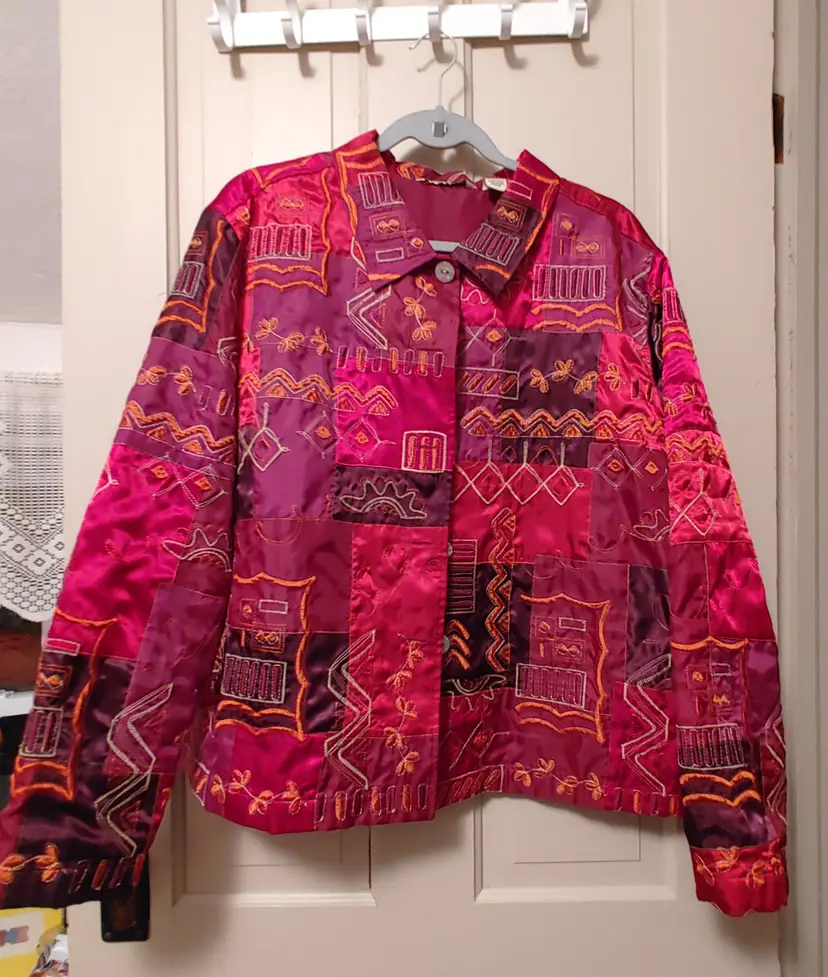 Jacket- Brand: French Laundry. Size XL. Wine purple orange embroidered jacket. 97% polyester, 3% fiber. No callouts.