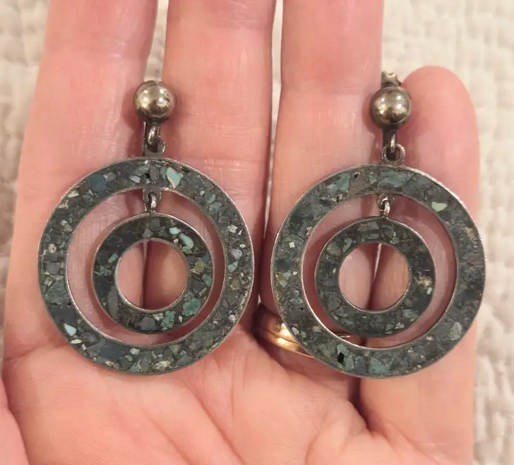 Vintage Artist Signed Mexican Sterling Silver Double Hoop Screwback Earrings with Turquoise Chips