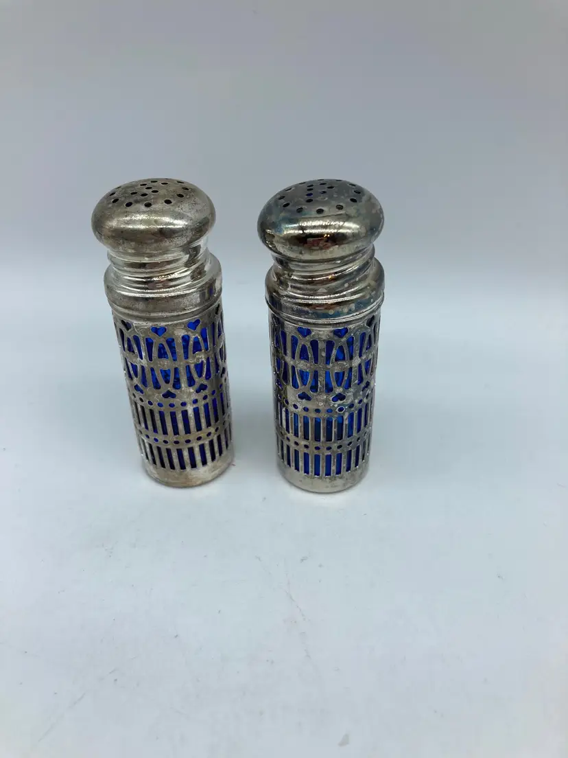 Vintage Cobalt Blue Glass w/Silverplate Case Salt & Pepper Shaker Set UK Patent No.