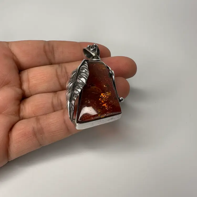 Large Vintage Genuine Baltic Amber .925 Sterling Silver Handmade Pendant