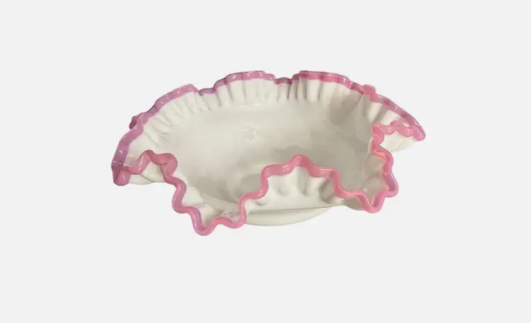 Share Vintage Fenton Apple Blossom Crest Milk Glass 10” Crimped Ruffled Bowl