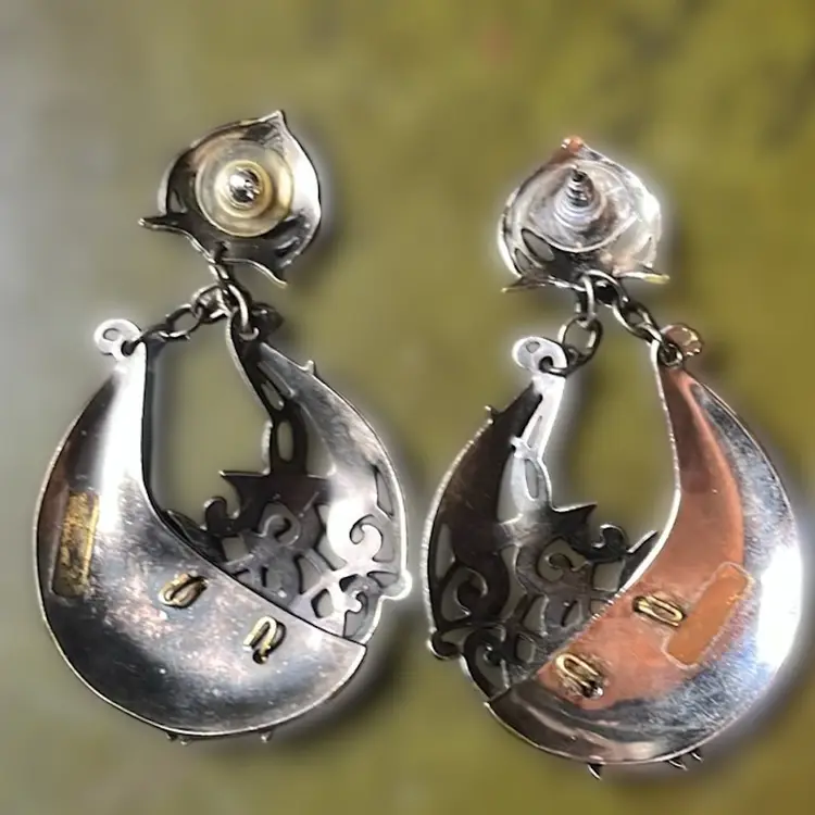 Vintage Edgar Berebi Enamel Red Black Silver Dangle Earrings  3”L