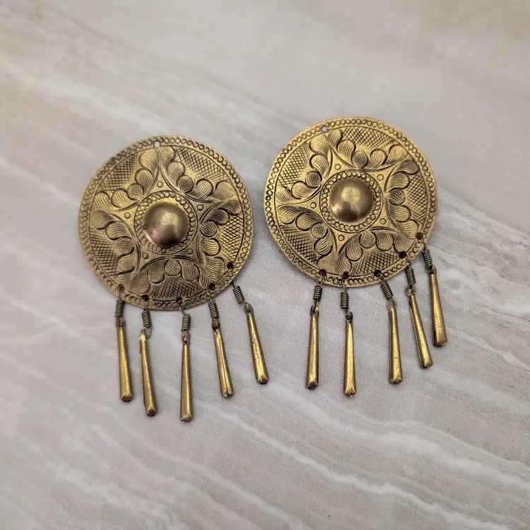 Vintage Clip On Earrings 2 & 7/8" Very Large Statement Brass Tone Dangle