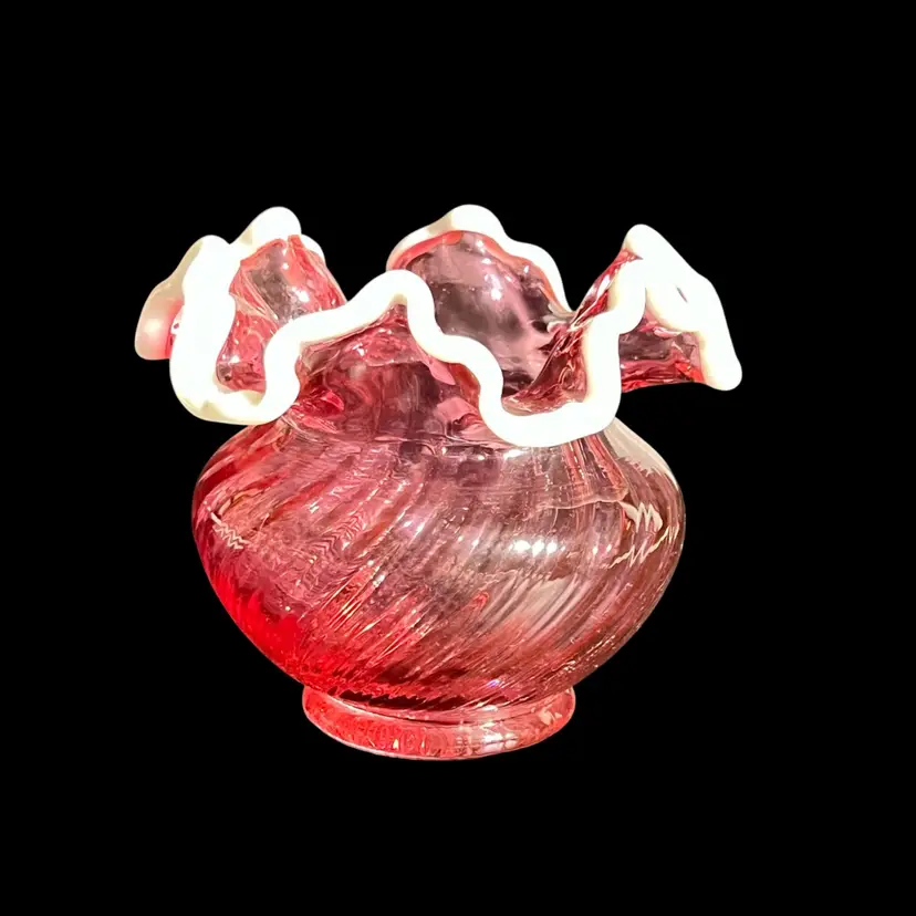 Vintage Fenton Bowl Vase Cranberry Snow Crested Swirl Optic Crimped & Ruffled Edge Candy Dish 1950s
