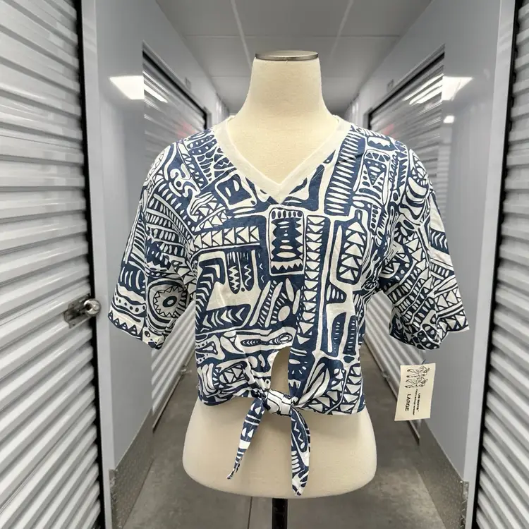 Vintage 90s tiki print tie waist crop top L