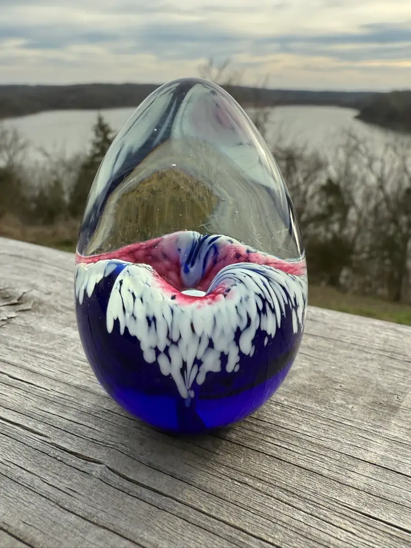 13 Vintage Glass Eye Studio Art Glass Egg Paperweight - Cobalt Blue Swirl, Signed 1991
