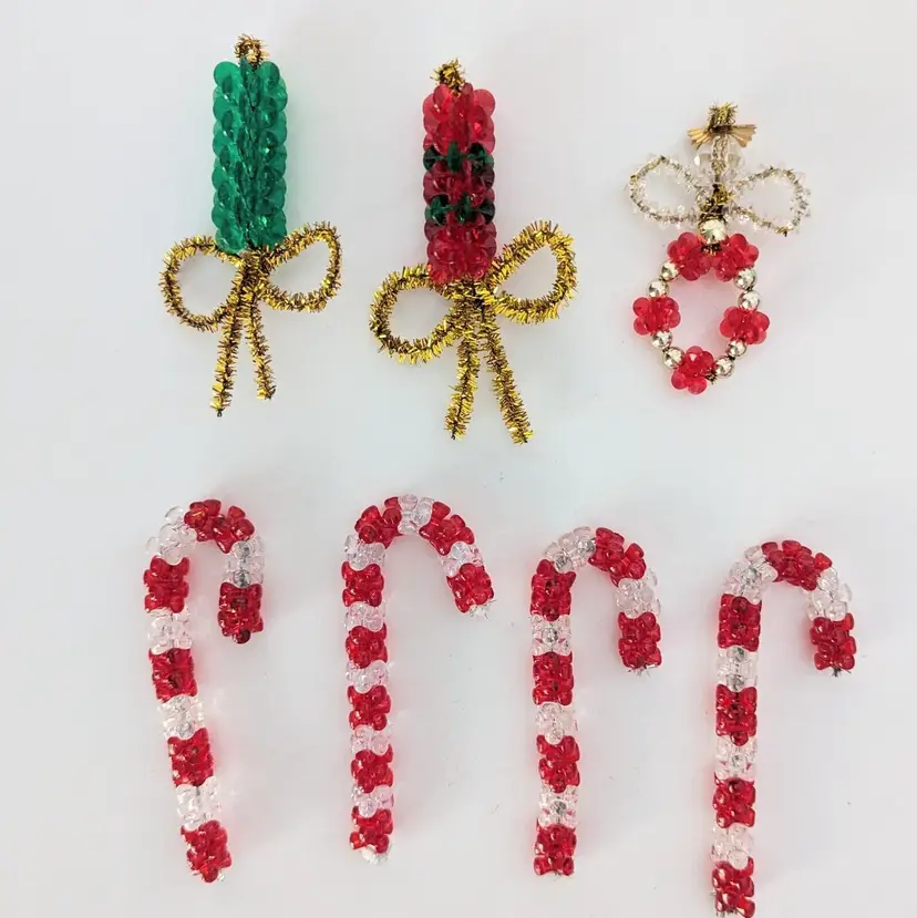 Set of 7 Handmade Beaded Christmas Ornaments Candle Angel Candy Cane