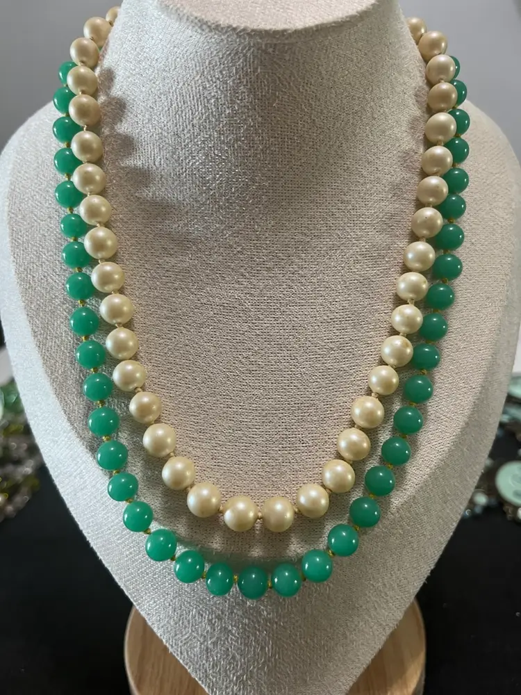 Vintage Faux Jade Cream Colored Faux Pearl Hand Knotted Goldtone Floral Clasp