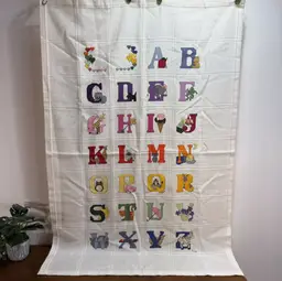 Vintage Handmade Baby Blanket Cross Stitch Squares 35” x 43” ABCs Nursery