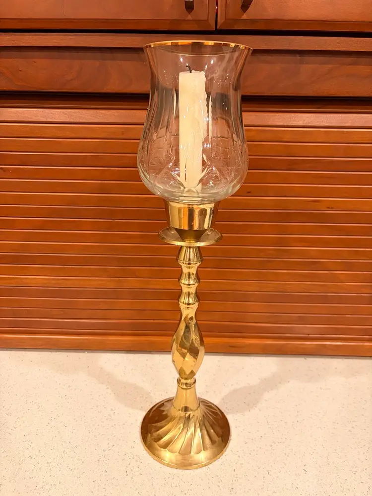 Heavy Brass Candlestick With Gold Rimmed Hurricane