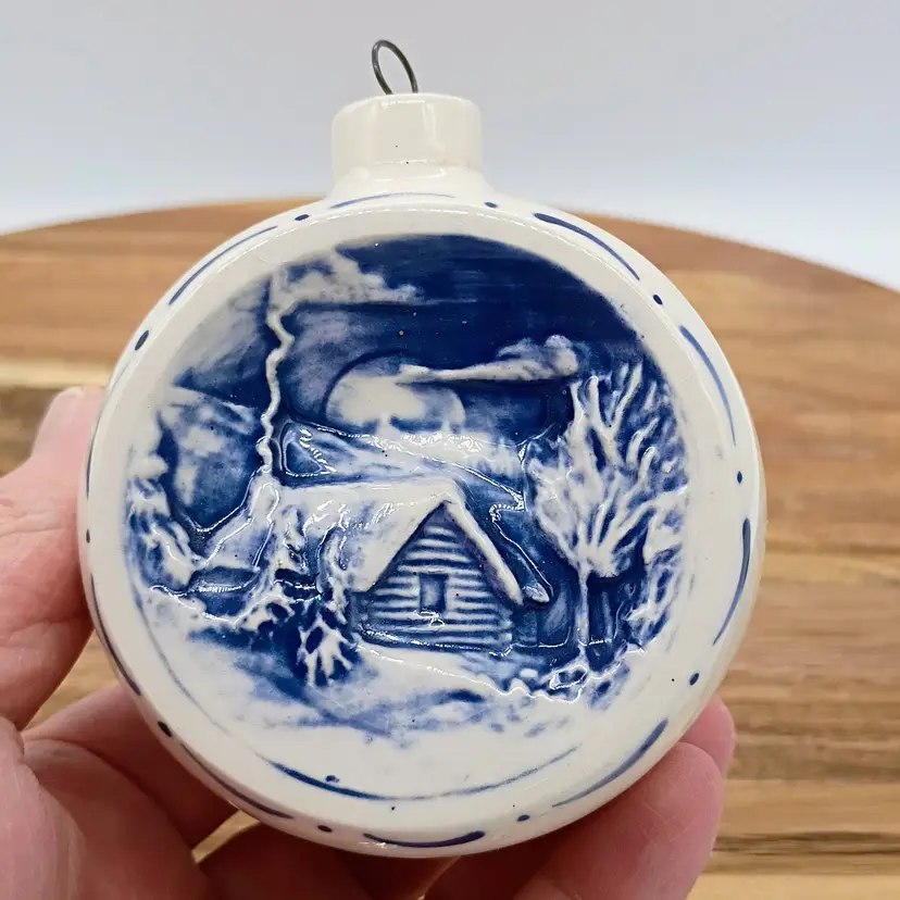 Vintage Duncan Enterprises Christmas Winter Scene Ceramic Ornament Blue & White