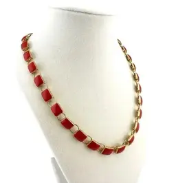 Vintage Style Coral Colored Enamel Square Links Stylish 18” Gold Tone Necklace