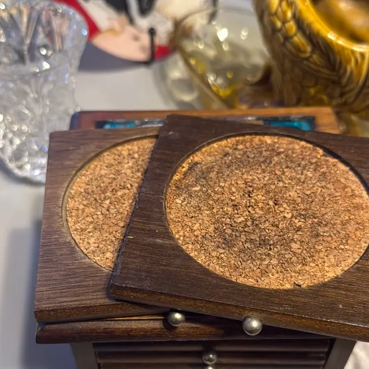 Vintage MCM Wood And Cork Foster Set With Hand Painted Glassed In Top