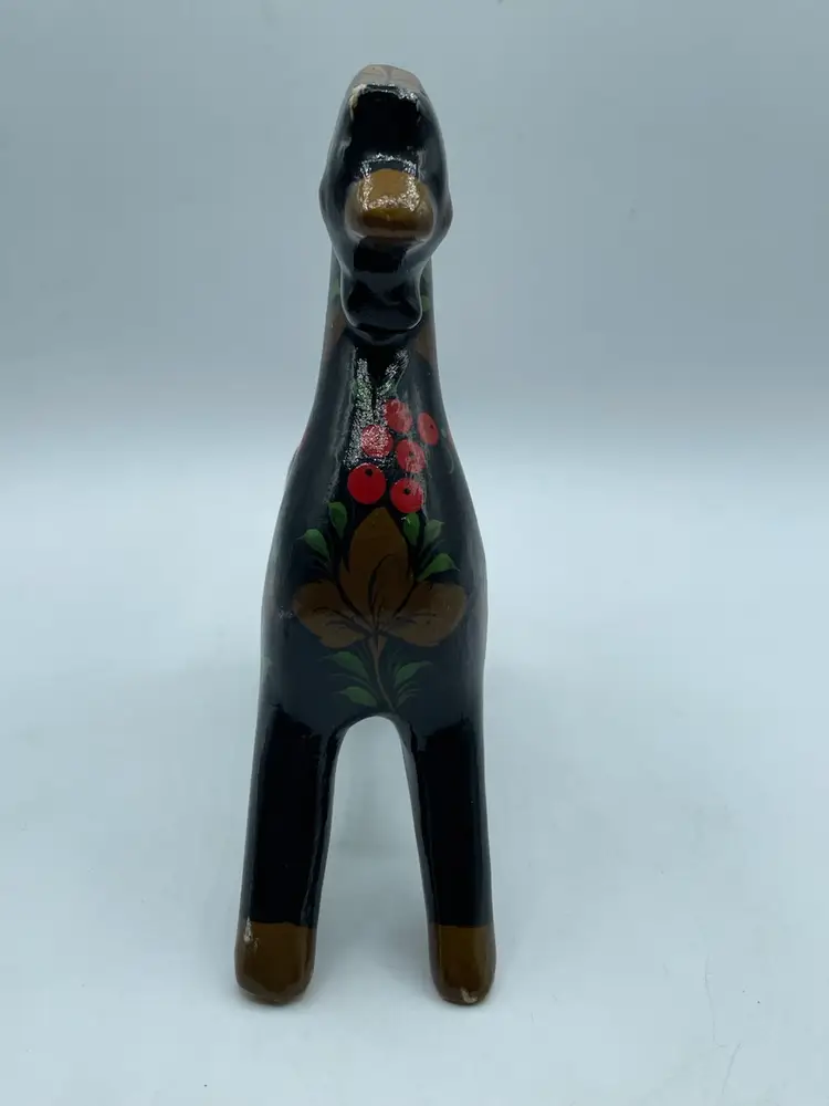 Vtg Wood Painted Russian Khokhloma Horse Figurine Holly Berry Black MCM