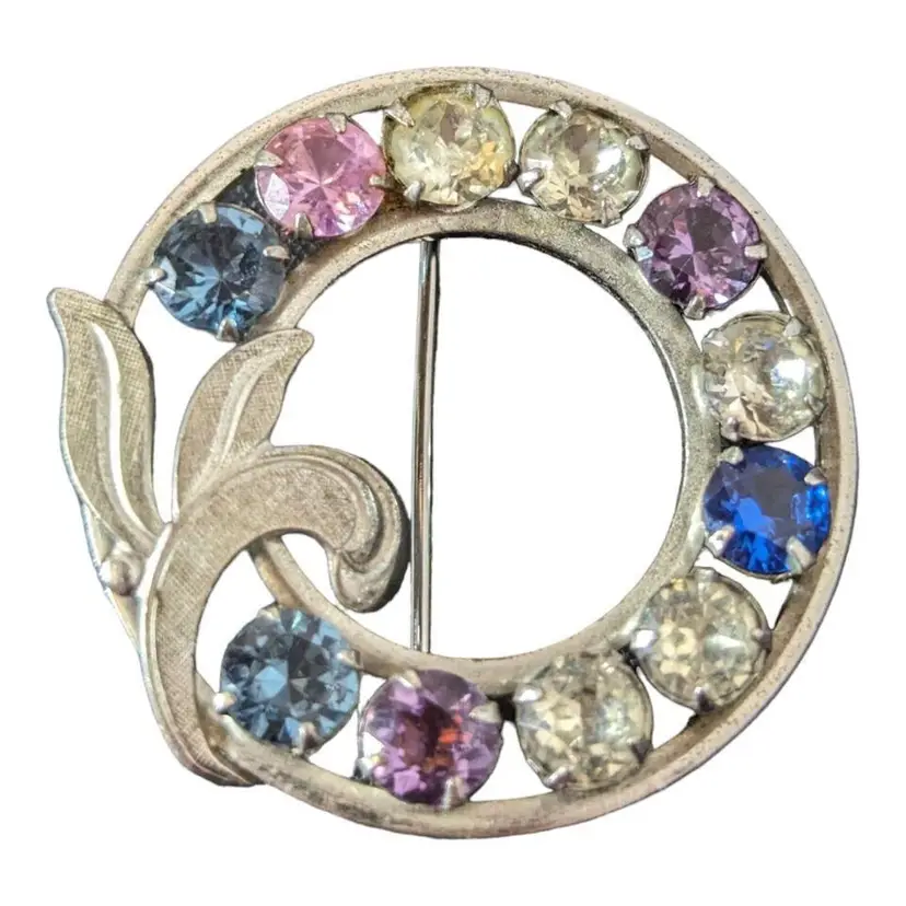 VTG 925 Van Dell Sterling Silver Multi-Color Rhinestone Wreath Brooch Pin 1.25”