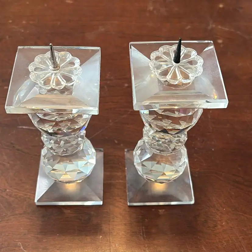 009. Pair of Swarovski 4” Silver Crystal Glass Pin Top Candle Holders