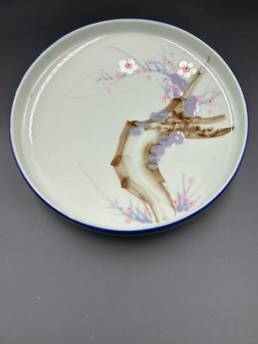 Vintage Plum Blossom Deep Shallow Plate Cobalt Blue Rim Japan