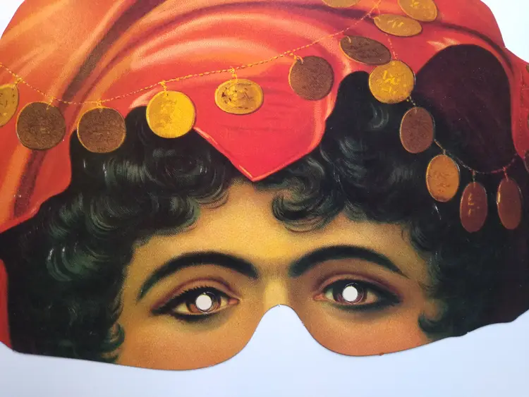 Vintage Paper Women Fortune Teller Turban Coin Mask Victorian Style Costume