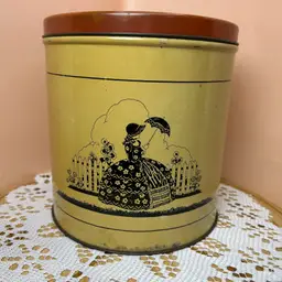 Vintage Tin Silhouette Lady Yellow With Orange Lid Canister 1940s-1950s