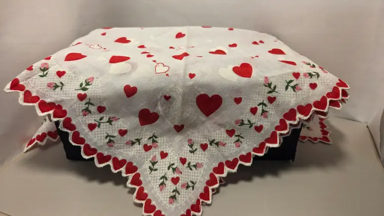Vintage Valentine Handkerchief Hearts Red Roses Red Heart Border