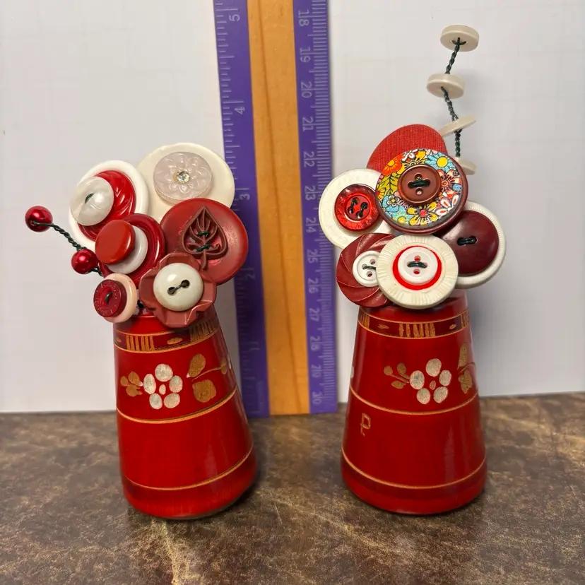 Vintage red wooden S/P Shakers Upcycled Into Button Bouquets.