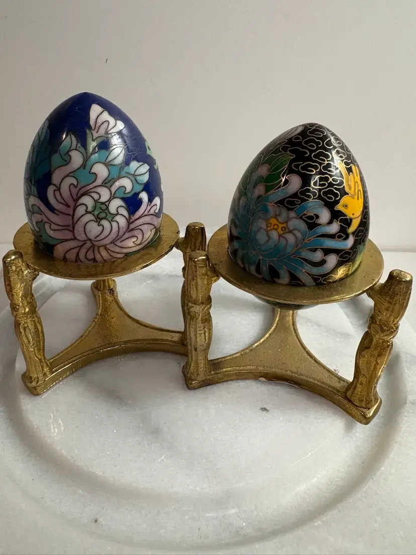 Pair of Vintage Porcelain Eggs - One cloisonné, Enamel Eggs In Brass Stands