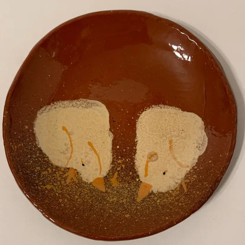 VTG Steve Nutt Pottery Redware Folk Art Feeding Chicks Plate